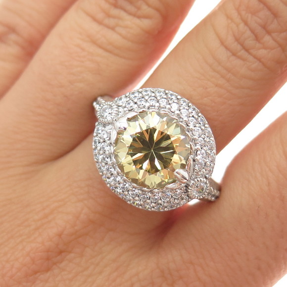 JUDITH RIPKA 925 Sterling Silver Round-Cut Canary & White C Z Ring Size 11